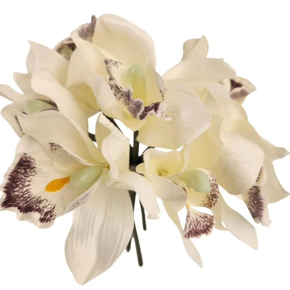 Ivory Cymbidium Orchid Artificial Flowers 7 Stem Bundle, Faux Orchid Wedding Flo